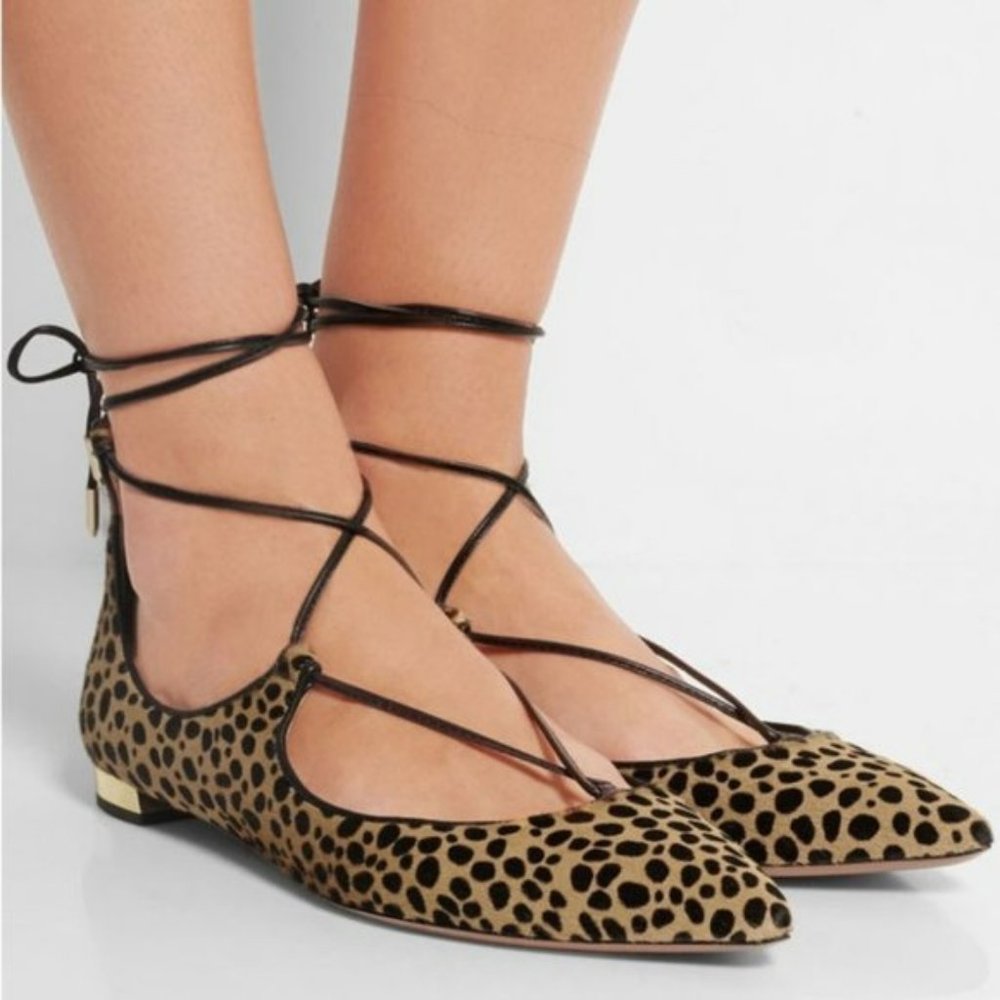 AQUAZZURA Christy Leopard print Calf Hair Point toe ankle wrap Flats 37.5